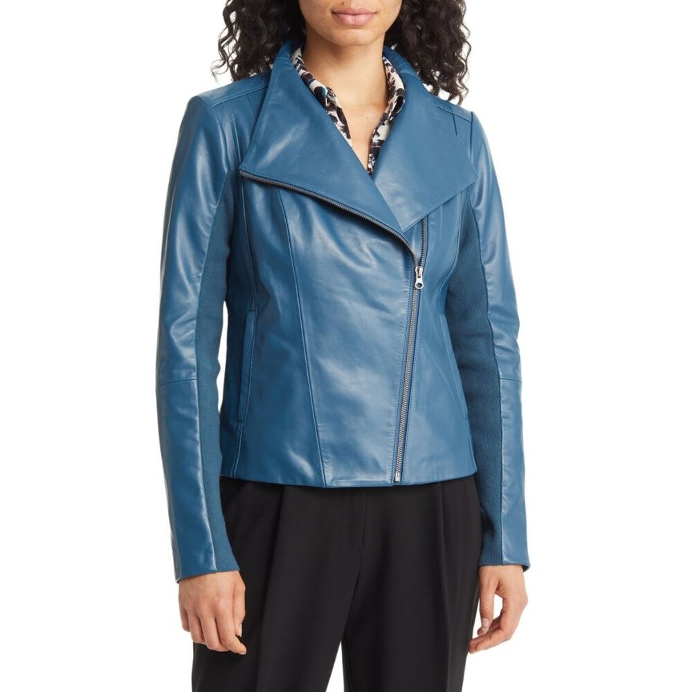 🆕 NORDSTROM Leather Moto Zip Jacket Blue Large (10-12)